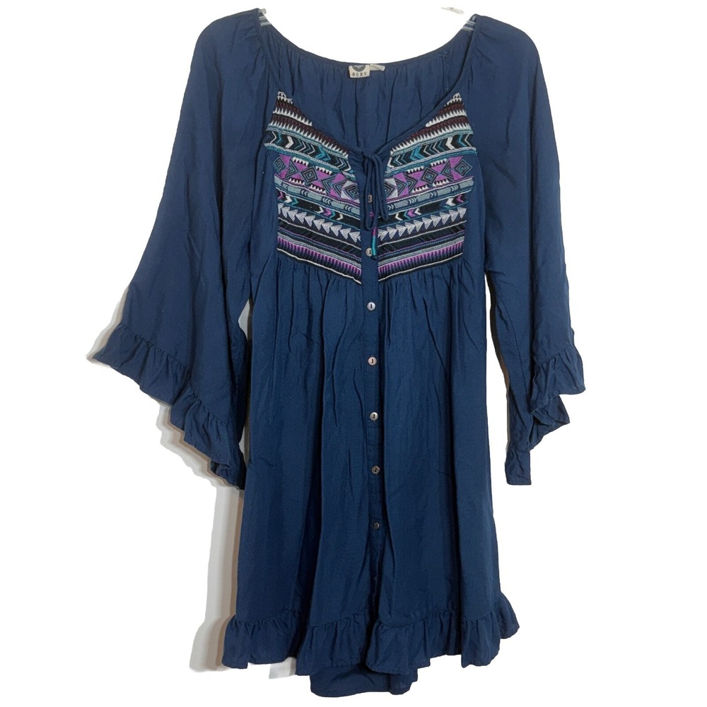 Roxy Navy Blue Embroidered Half Bell Sleeve Short Ruffle Tie Bodice Dress Size M